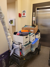 Seabeck, Arrival - A small Moving Cart plus an elevator helps us move our supplies and materials into our sewingroom